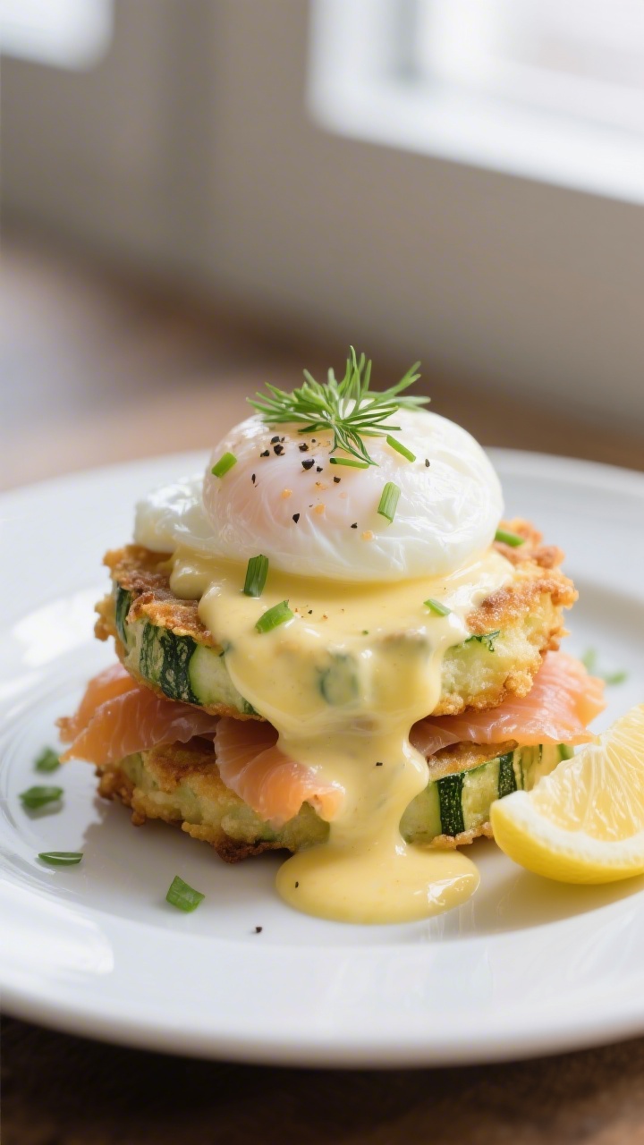 Final dish, plated portrait: Zucchini Fritter Eggs Benedict stacked on a matte white plate—two cri