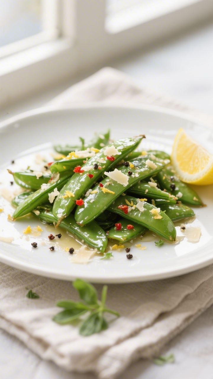 Final dish, plated presentation: Garlic butter sautéed sugar snap peas piled on a wide white cerami