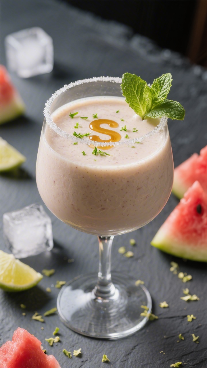 Final dish presentation: A single elegant smoothie in a stemless wine glass, silky-thick texture wit