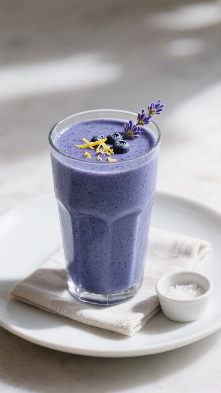 Final dish presentation: A tall chilled glass of blueberry lavender smoothie poured to the brim, glo