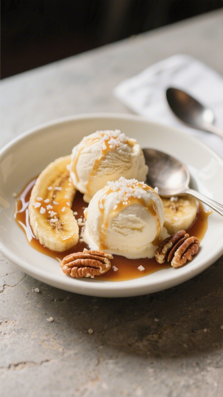 Final dish presentation: Bananas Foster spooned over two scoops of vanilla ice cream in a warm white