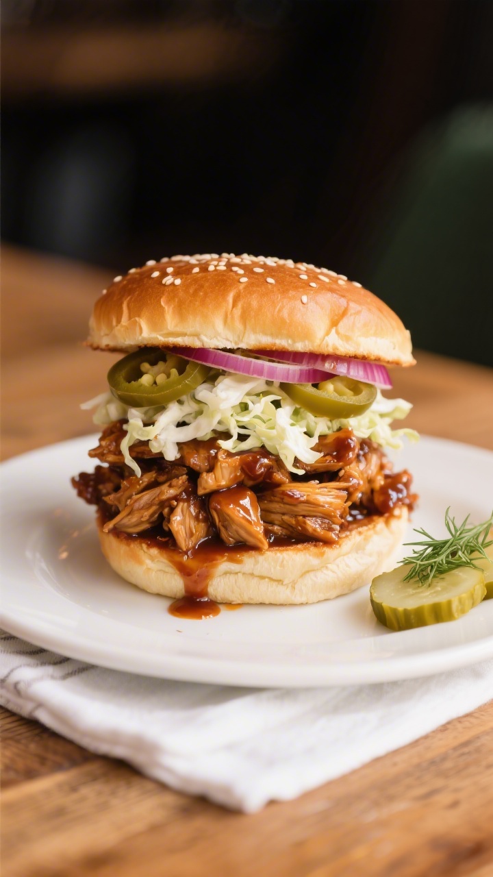 Final dish presentation: BBQ Jackfruit Sandwich stacked high on a toasted brioche bun, overflowing w