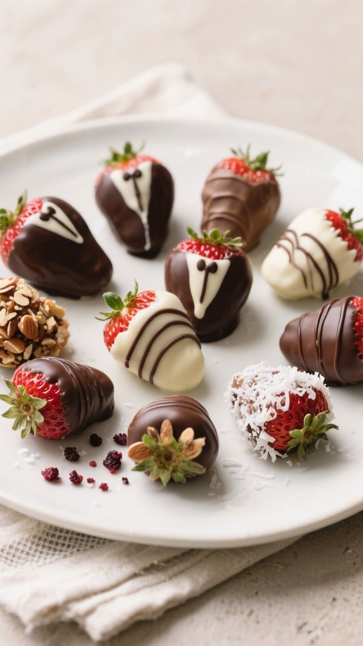 Final dish presentation: beautifully plated assortment of chocolate dipped strawberries on a matte w