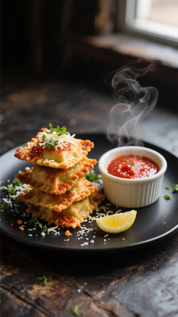 Final dish presentation: Beautifully plated crispy air fryer ravioli bites stacked on a matte black