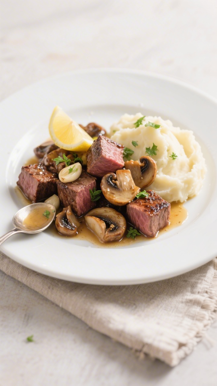 Final dish presentation: Beautifully plated Garlic Butter Steak Bites with Mushrooms on a white, sha