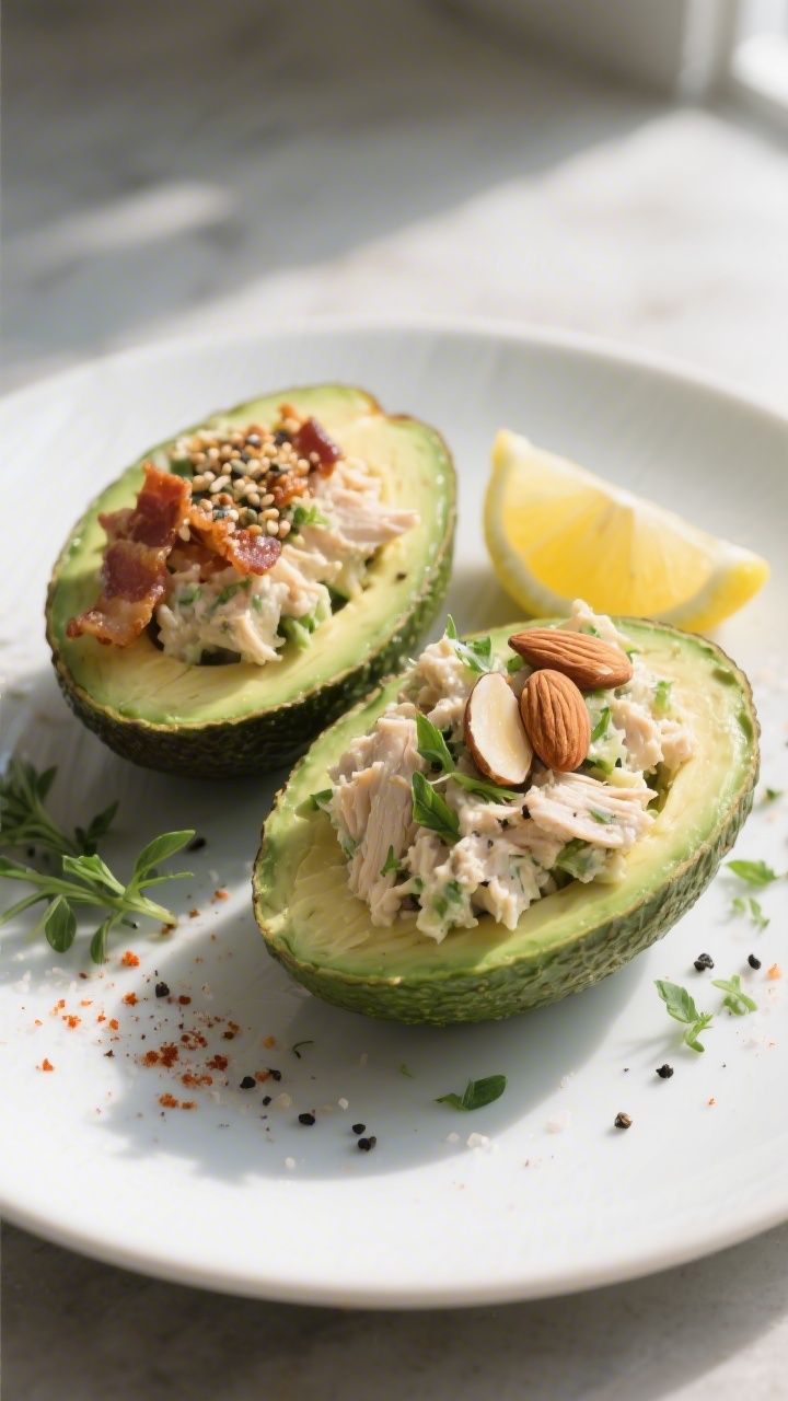 Final dish presentation: Beautifully plated Keto Chicken Salad-Stuffed Avocados—ripe avocado halve