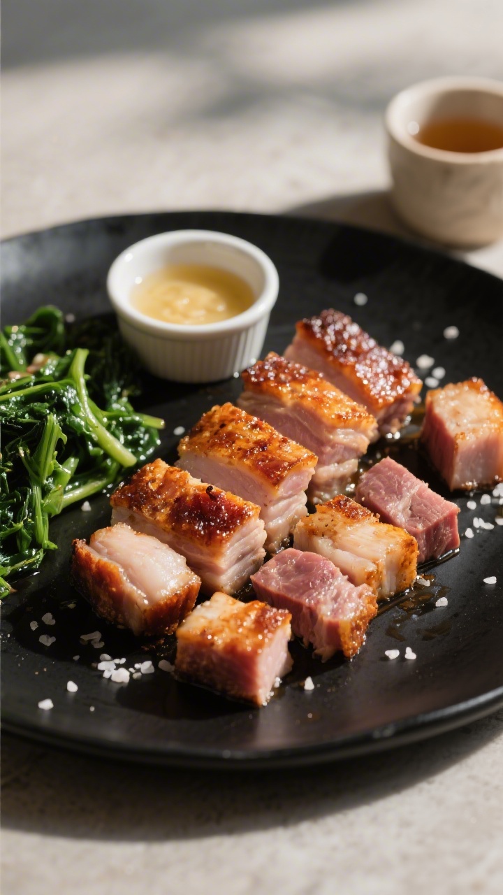 Final dish presentation: Beautifully plated Keto Crispy Carnivore Pork Belly sliced into thick piece