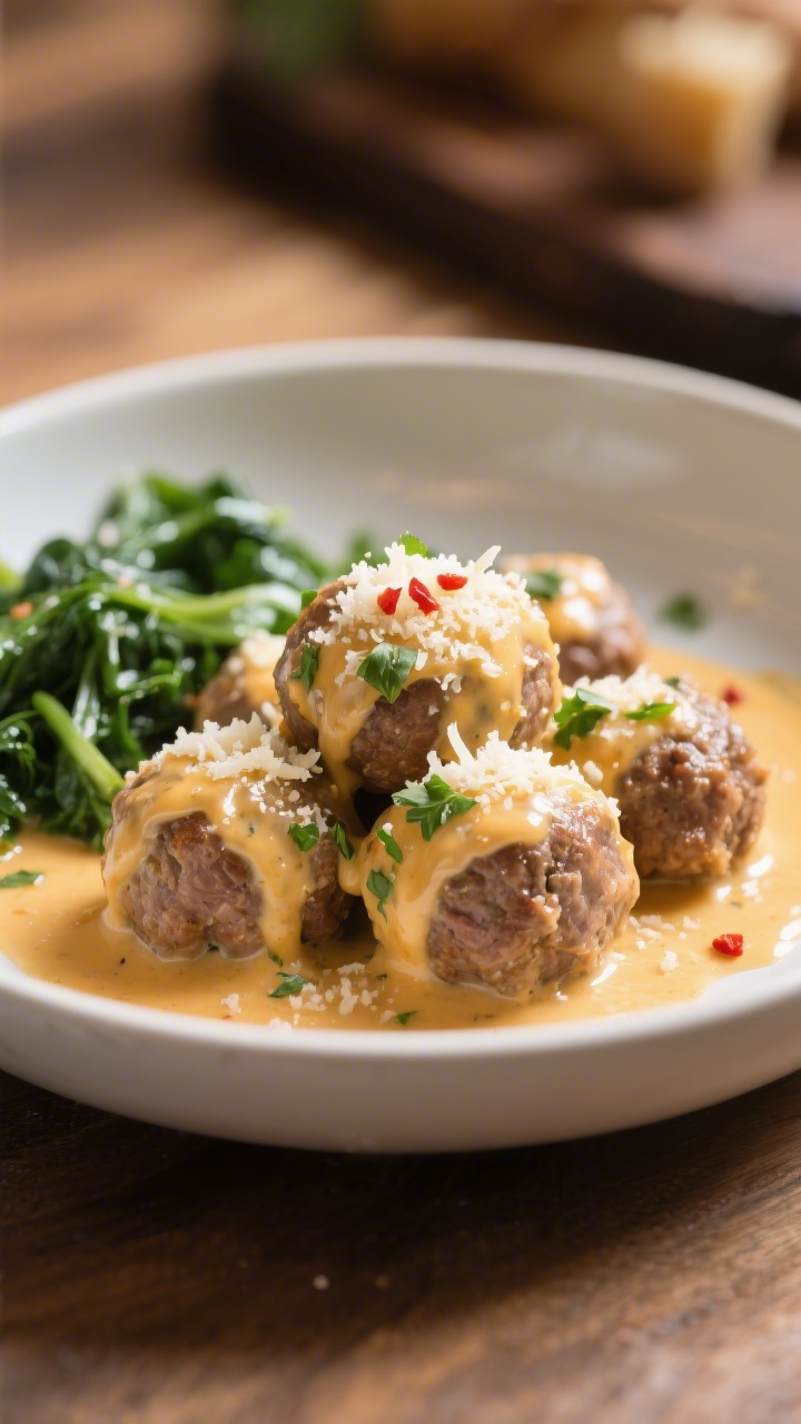 Final dish presentation: Beautifully plated keto cheesy carnivore meatballs napped with a glossy Par