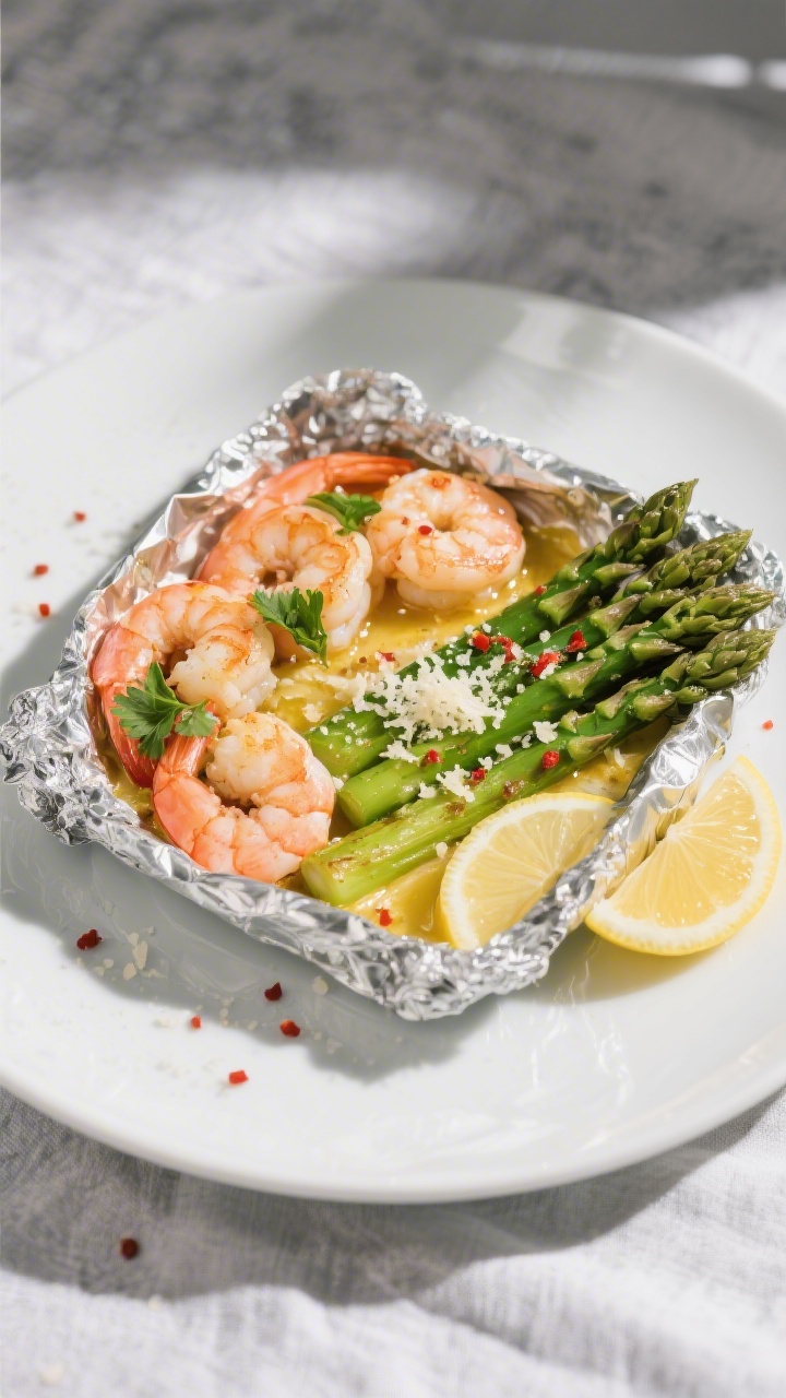Final dish presentation: Beautifully plated Keto Shrimp and Asparagus Foil Pack contents slid onto a