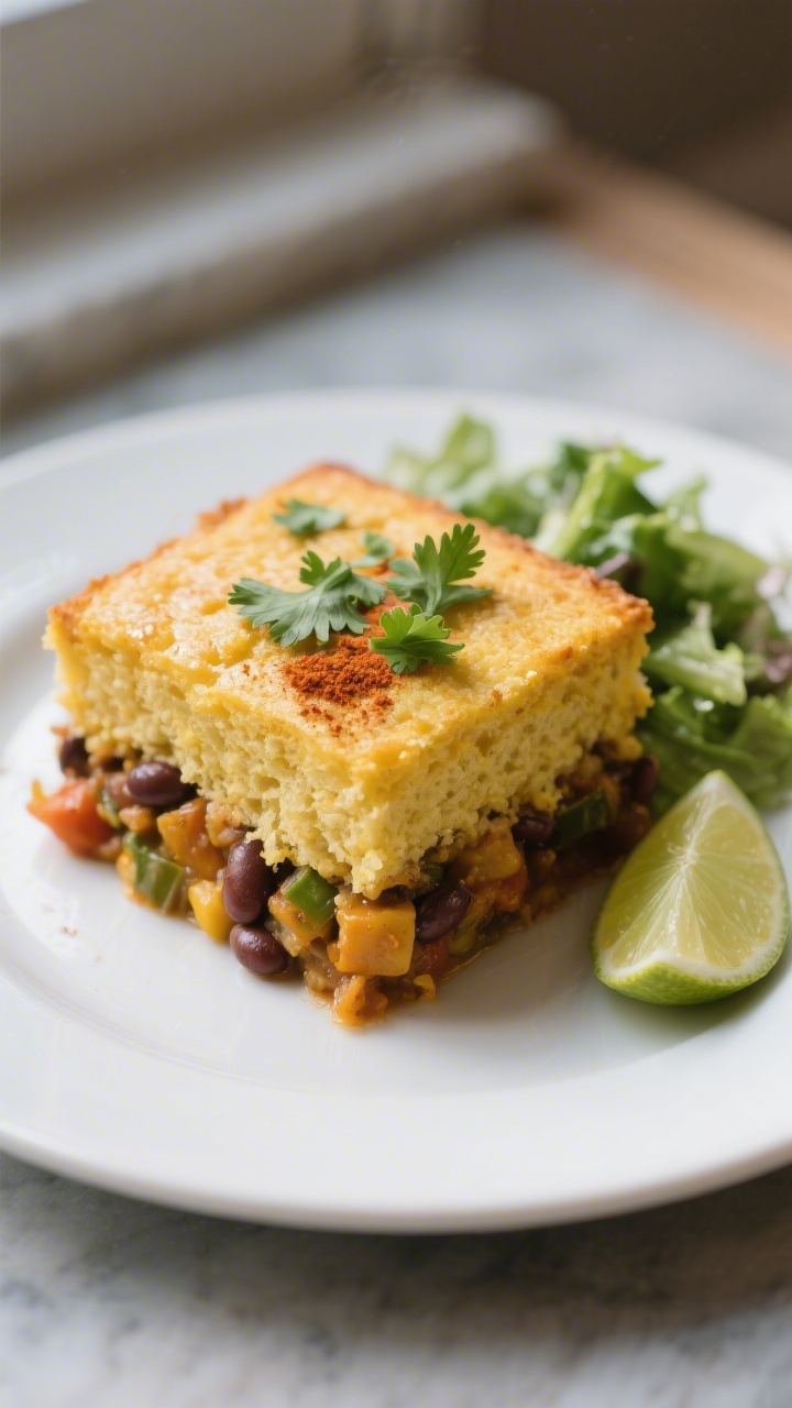 Final dish presentation: Beautifully plated square of Vegan Cornbread Casserole on a matte white din