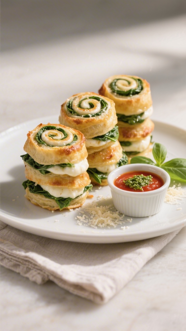 Final dish presentation: Beautifully plated stack of warm mozzarella spinach pinwheels on a matte wh