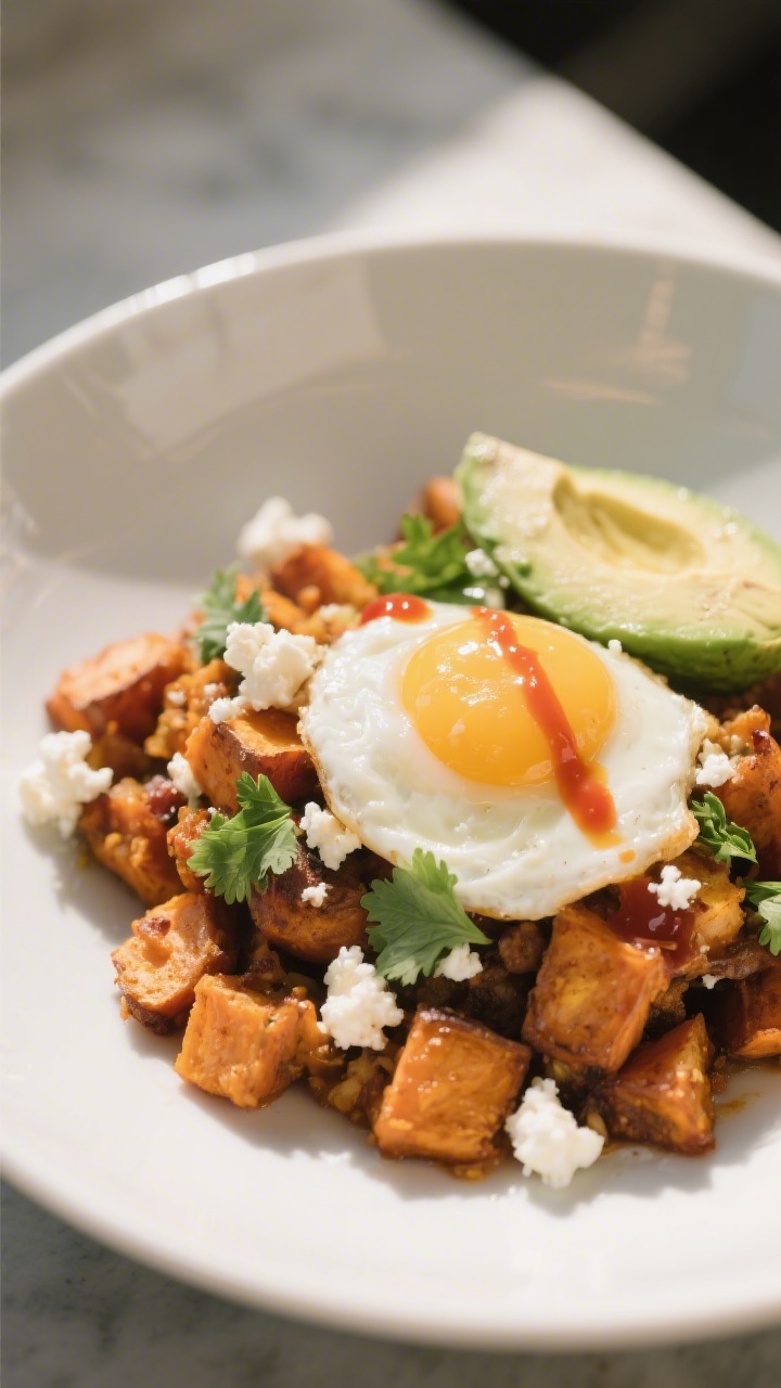 Final dish presentation: Beautifully plated sweet potato breakfast hash in a wide, white ceramic bow