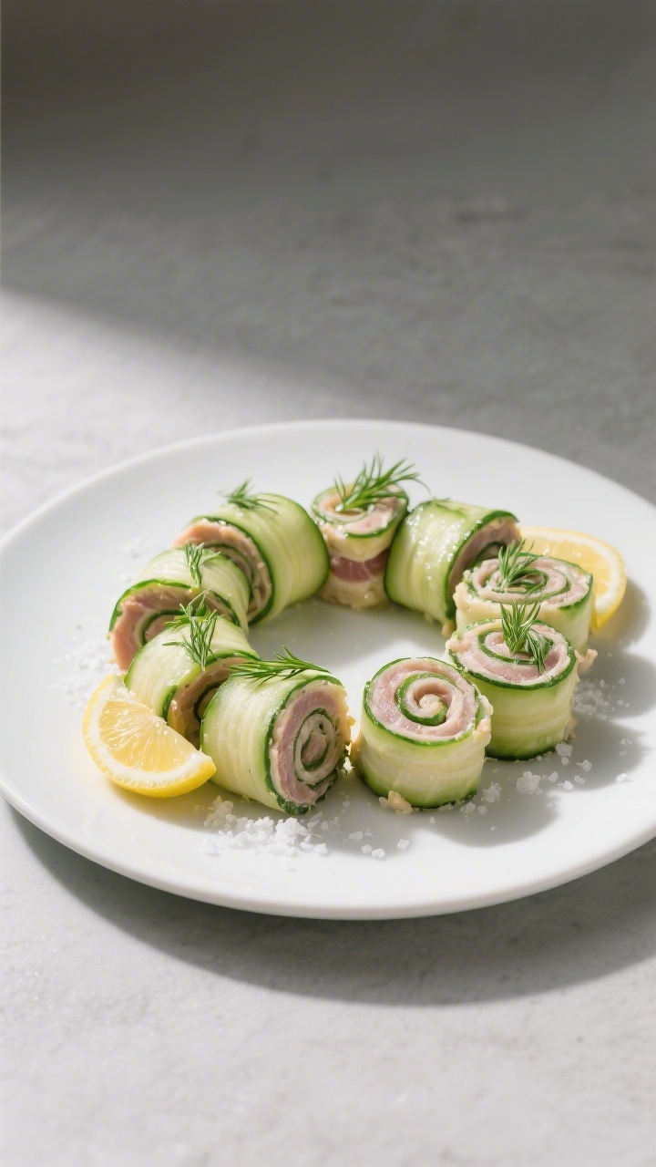 Final dish presentation: Beautifully plated Tuna Cucumber Pinwheels arranged in a neat circular patt