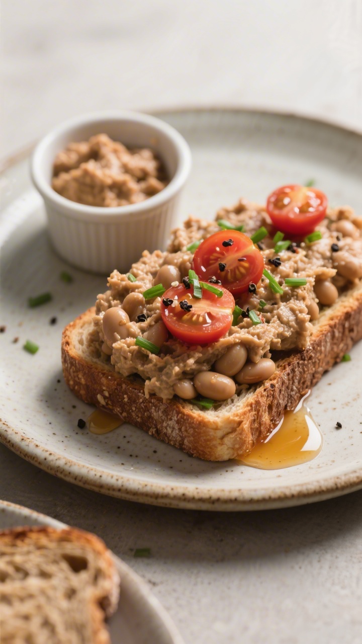 Final dish presentation: Cafe-style plated toast on a rustic ceramic plate, the smash mounded thick