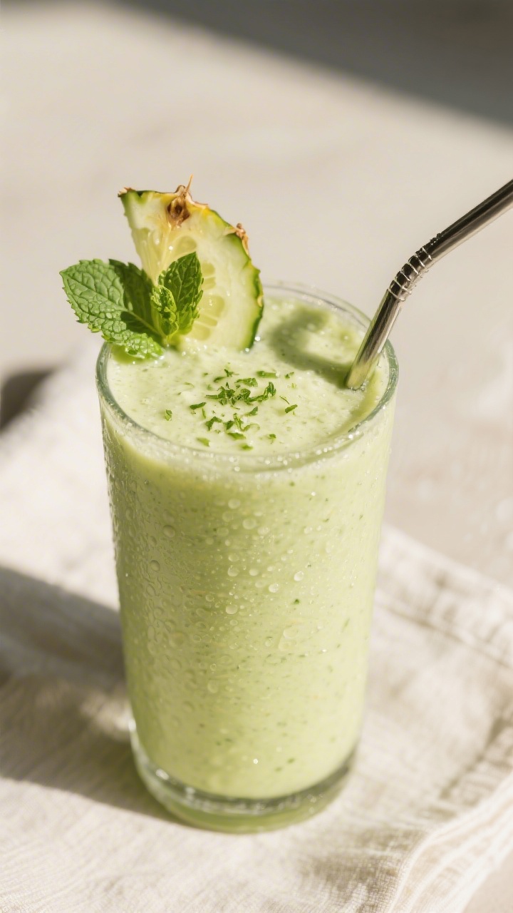 Final dish presentation: Close-up of a tall chilled glass filled with the pineapple cucumber smoothi