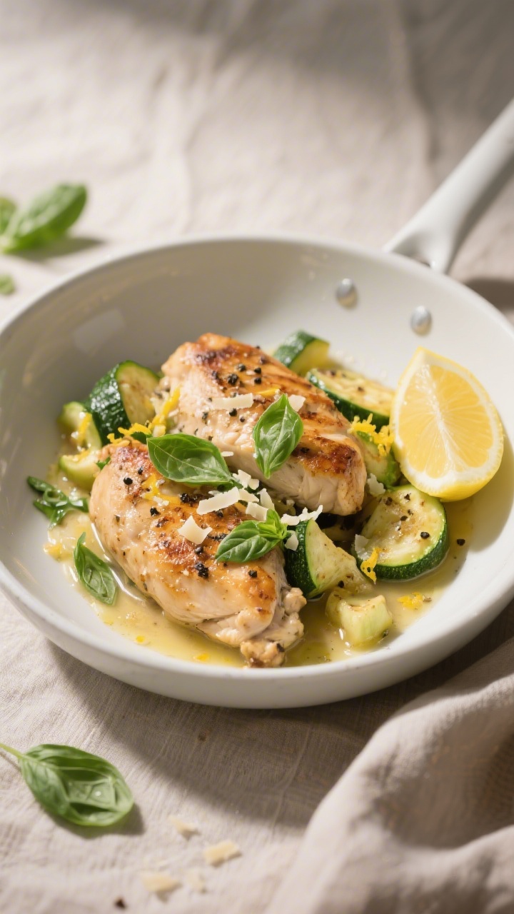 Final dish presentation: One-Skillet Garlic Basil Chicken and Zucchini plated in a wide, shallow whi