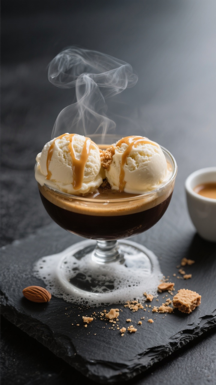Final dish presentation: Restaurant-quality affogato served immediately—small coupe with two neat