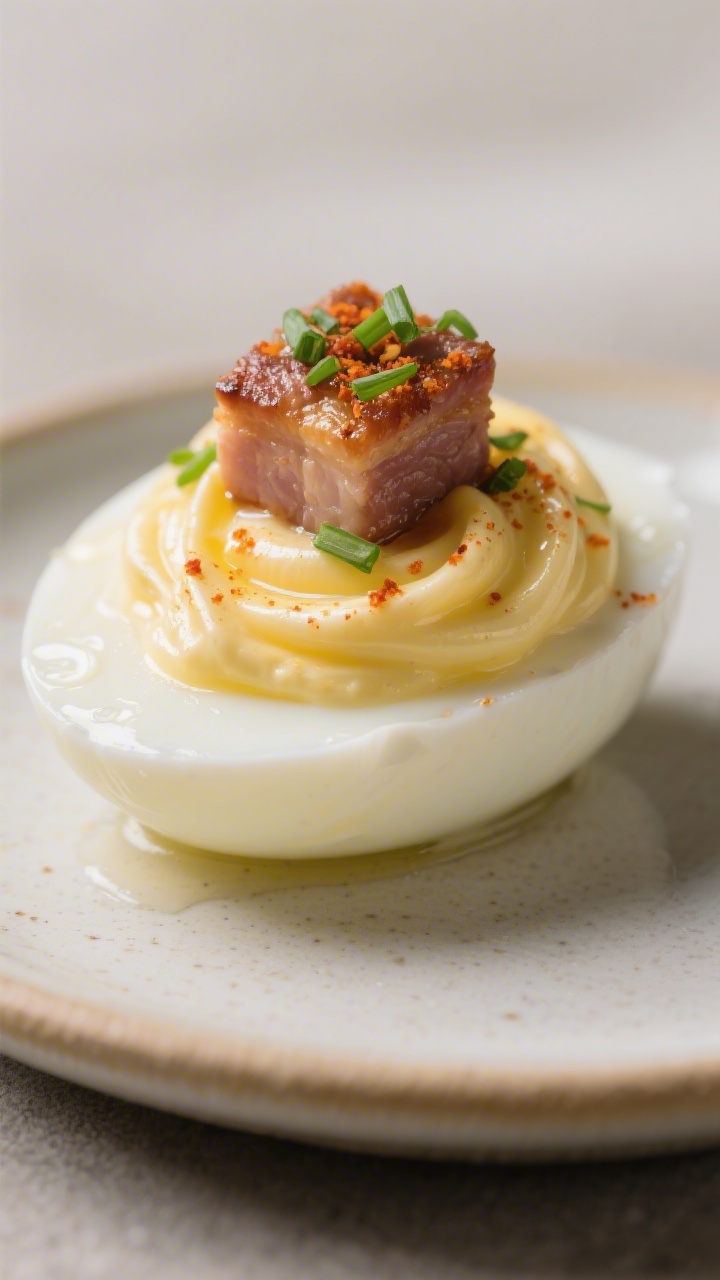 Final dish presentation: Restaurant-quality close-up of a single deviled egg on a small ceramic plat