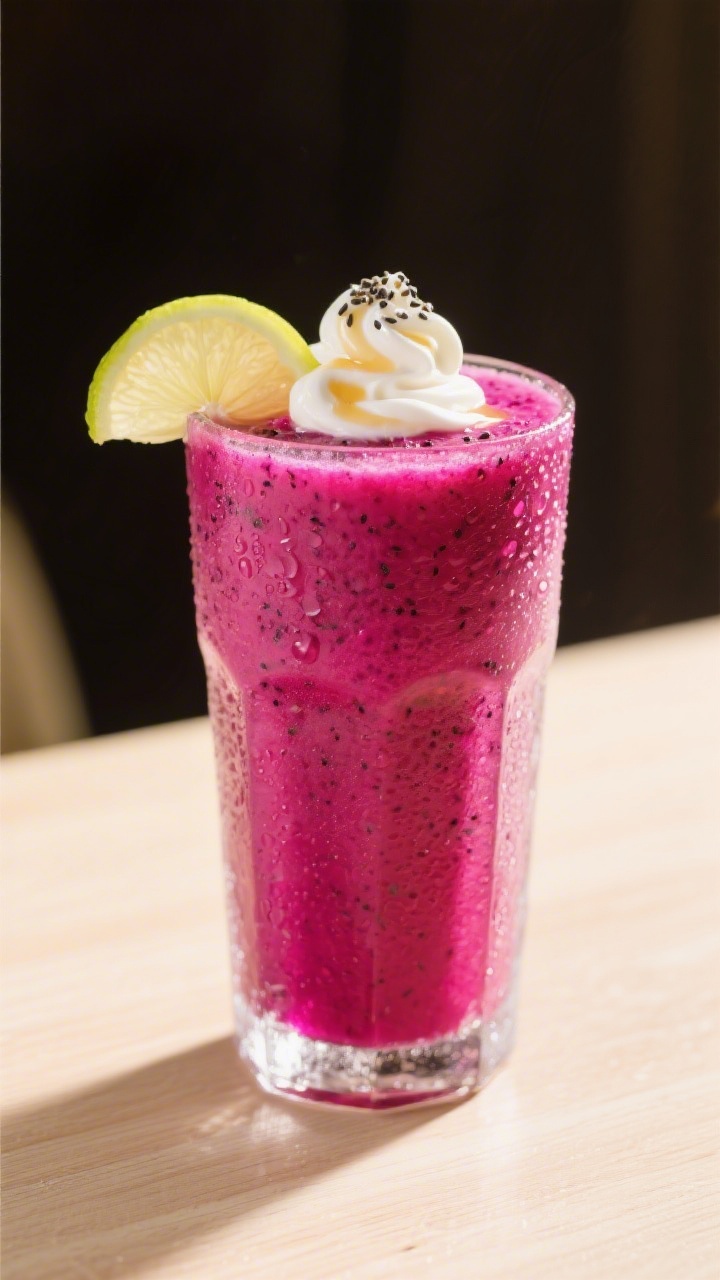 Final dish presentation: Restaurant-quality dragon fruit smoothie in a tall, frost-kissed glass, glo