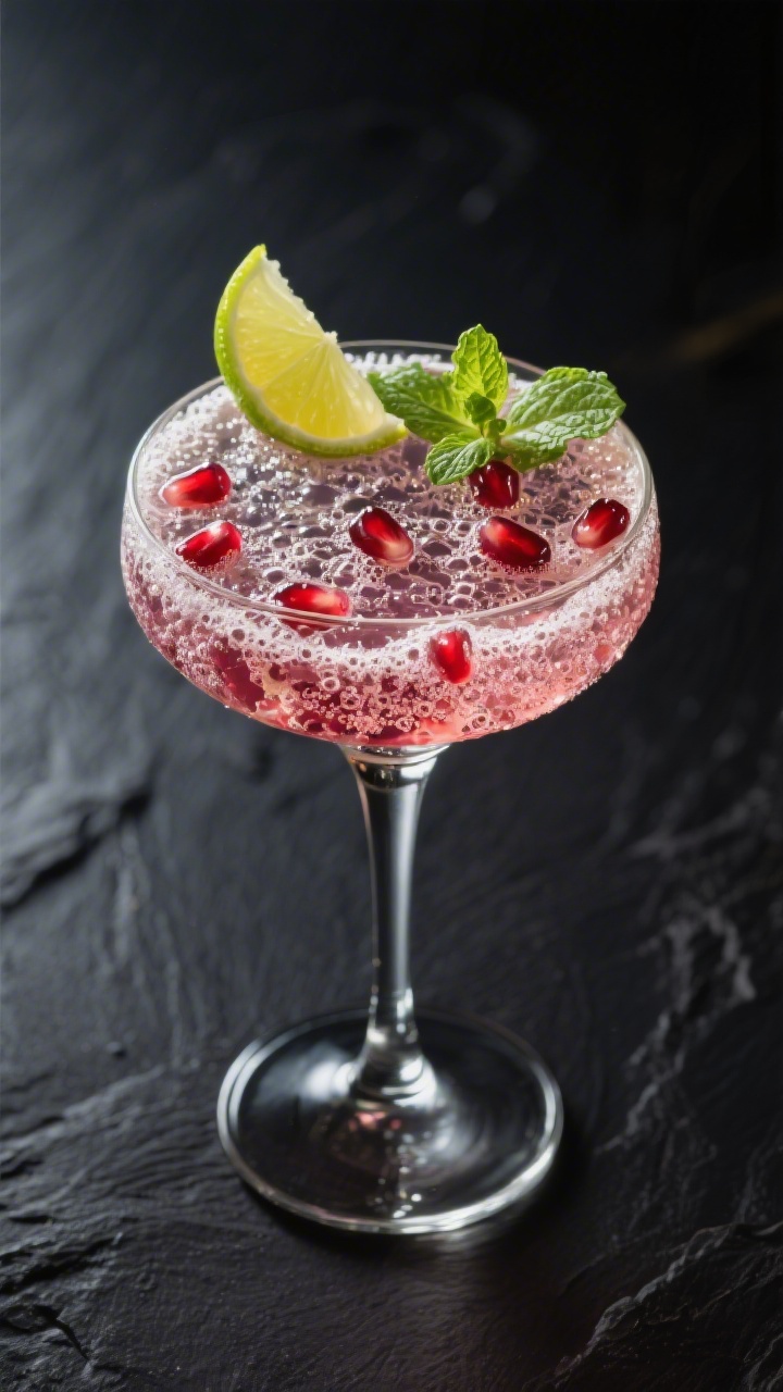 Final dish presentation: Restaurant-quality hero shot of a single Pomegranate Vodka Sparkler in a sl