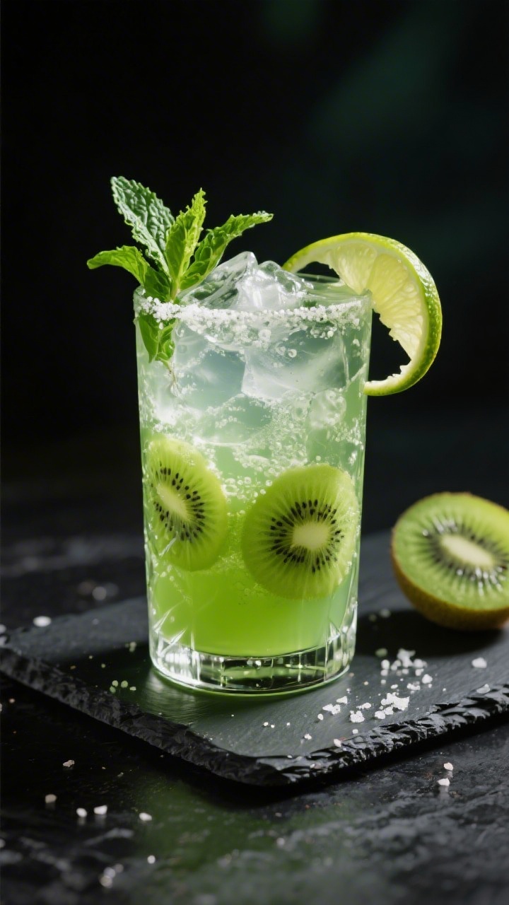 Final dish presentation: Restaurant-quality Kiwi Vodka Cooler on a dark slate board, vivid green dri