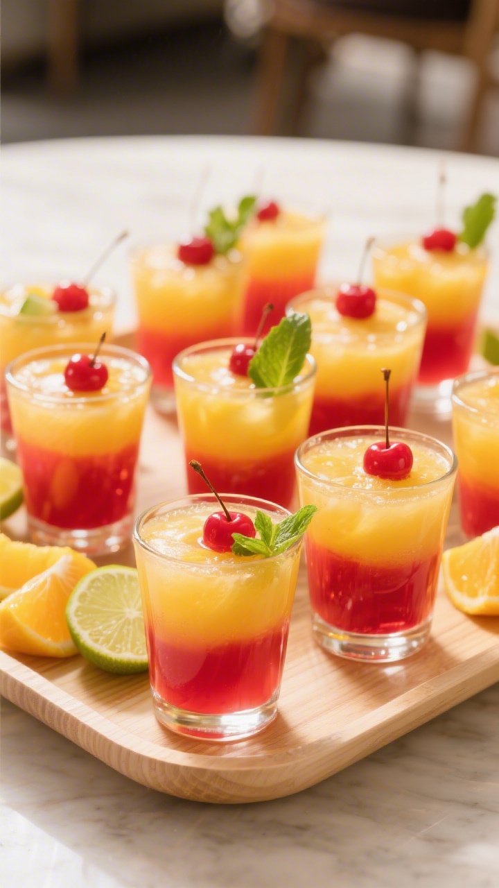 Final dish presentation: Restaurant-quality party spread with multiple short glasses of finished Tro