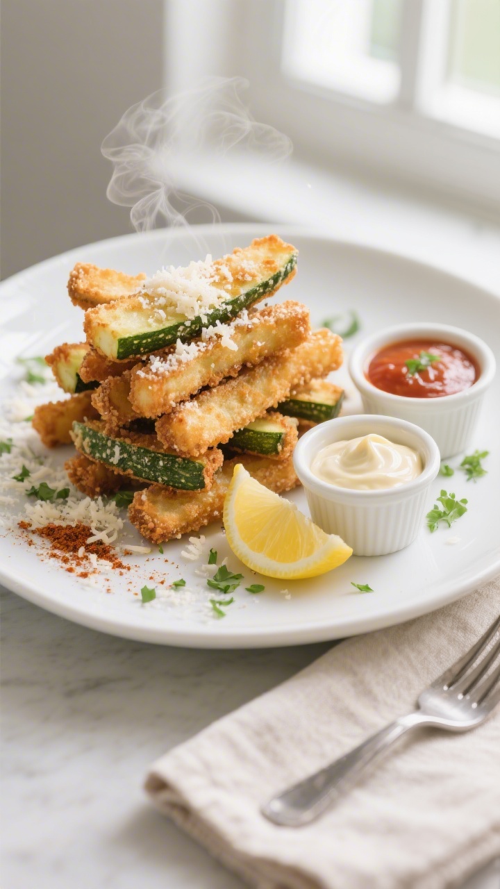 Final dish presentation: Restaurant-quality plate of Air Fryer Crispy Parmesan Zucchini Fries arrang