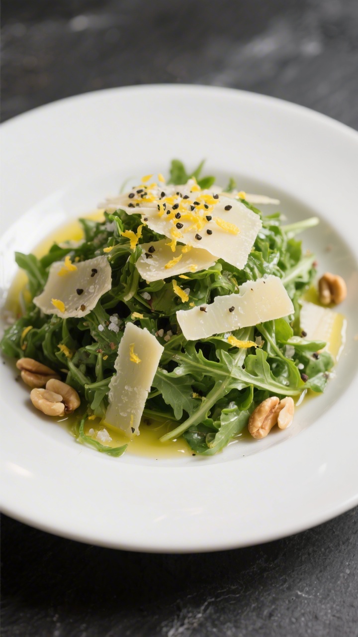 Final dish presentation: Restaurant-quality plate of 5-minute arugula salad mounded high on a wide w