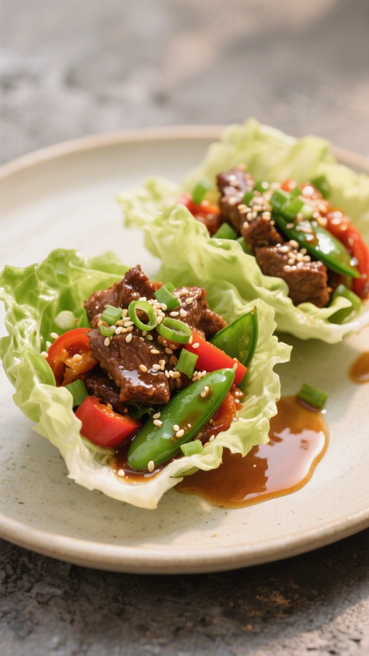 Final dish presentation: Restaurant-quality plate of low-carb lettuce wraps filled with glossy sesam