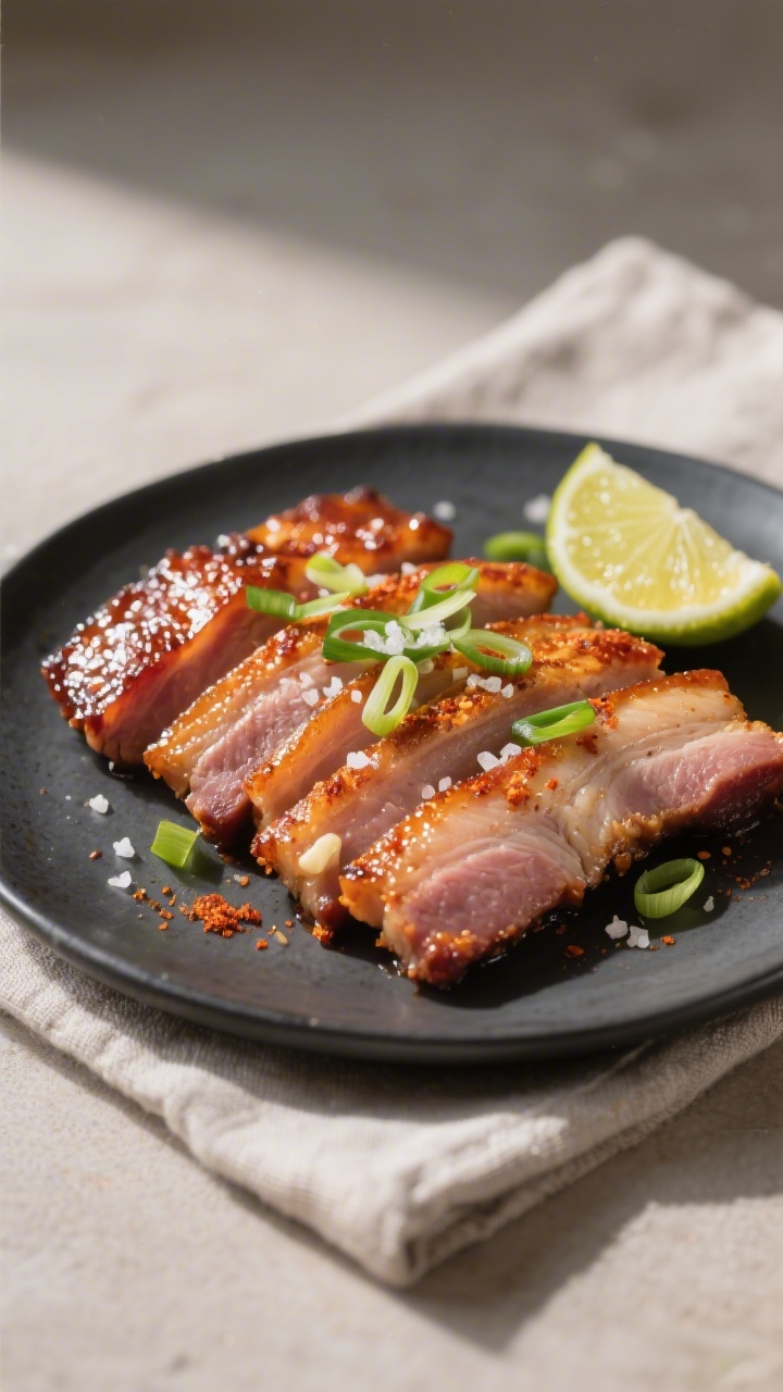 Final dish presentation: Restaurant-quality plate of air fryer pork belly slices fanned on a matte c