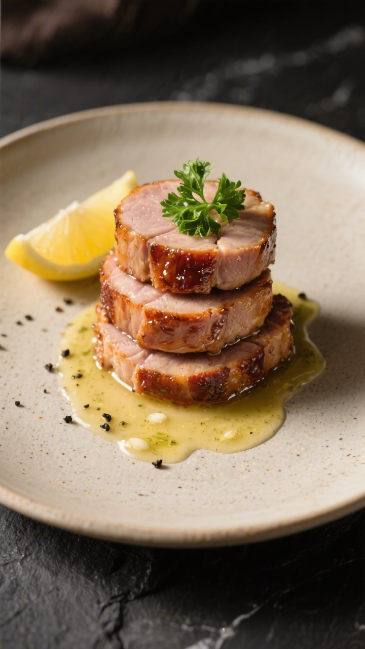 Final dish presentation: Restaurant-quality plate with stacked medallions of pork tenderloin, edges