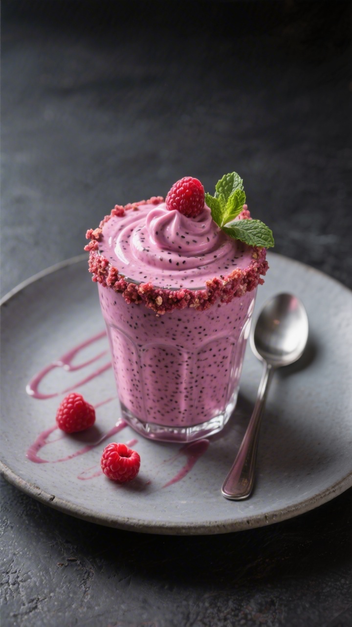 Final dish presentation: Restaurant-quality plated scene of a single raspberry chia smoothie styled