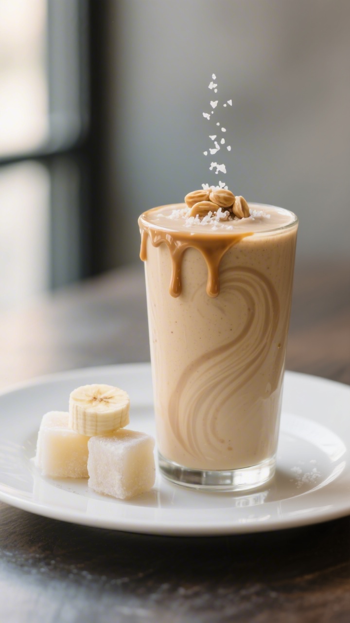 Final dish presentation: Restaurant-quality plated scene featuring a single tall smoothie glass with