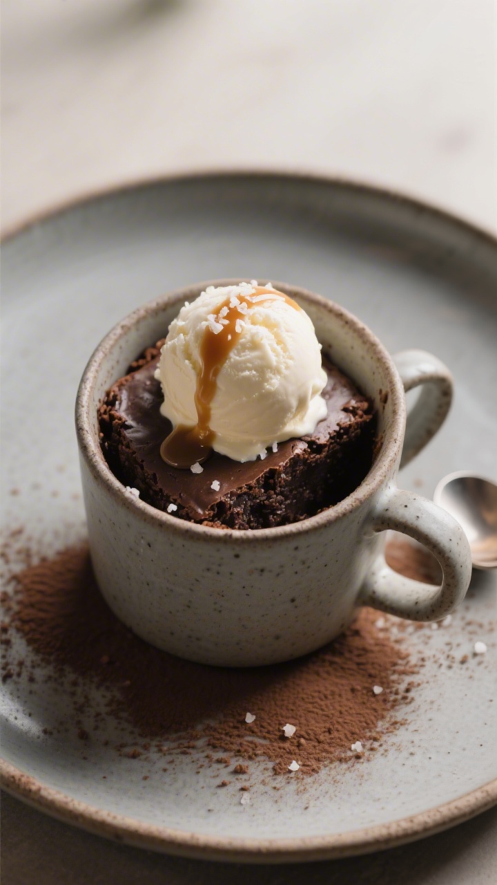Final dish presentation: Restaurant-quality plated mug brownie served warm straight in the mug, topp