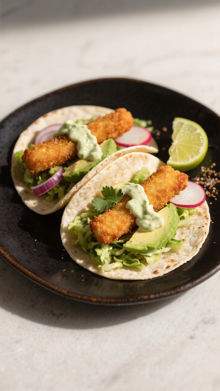 Final dish presentation: Restaurant-quality plated Crispy Fish Stick Tacos—two tacos on a dark cer