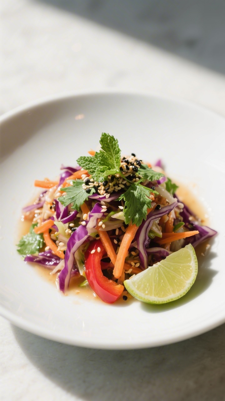 Final dish presentation: Restaurant-quality plated Quick Asian Slaw with Ginger Dressing served as a
