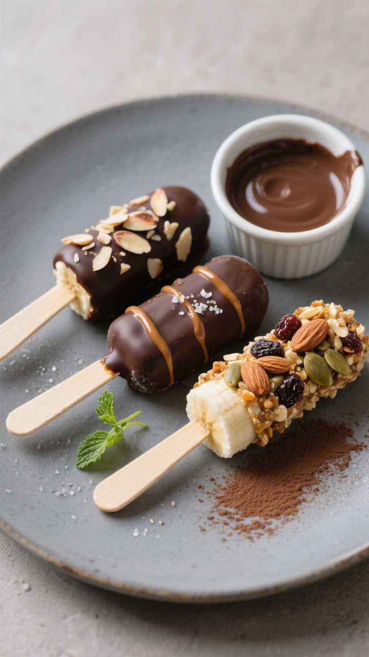 Final dish presentation: Restaurant-quality plated frozen banana pop trio on a cool gray ceramic pla