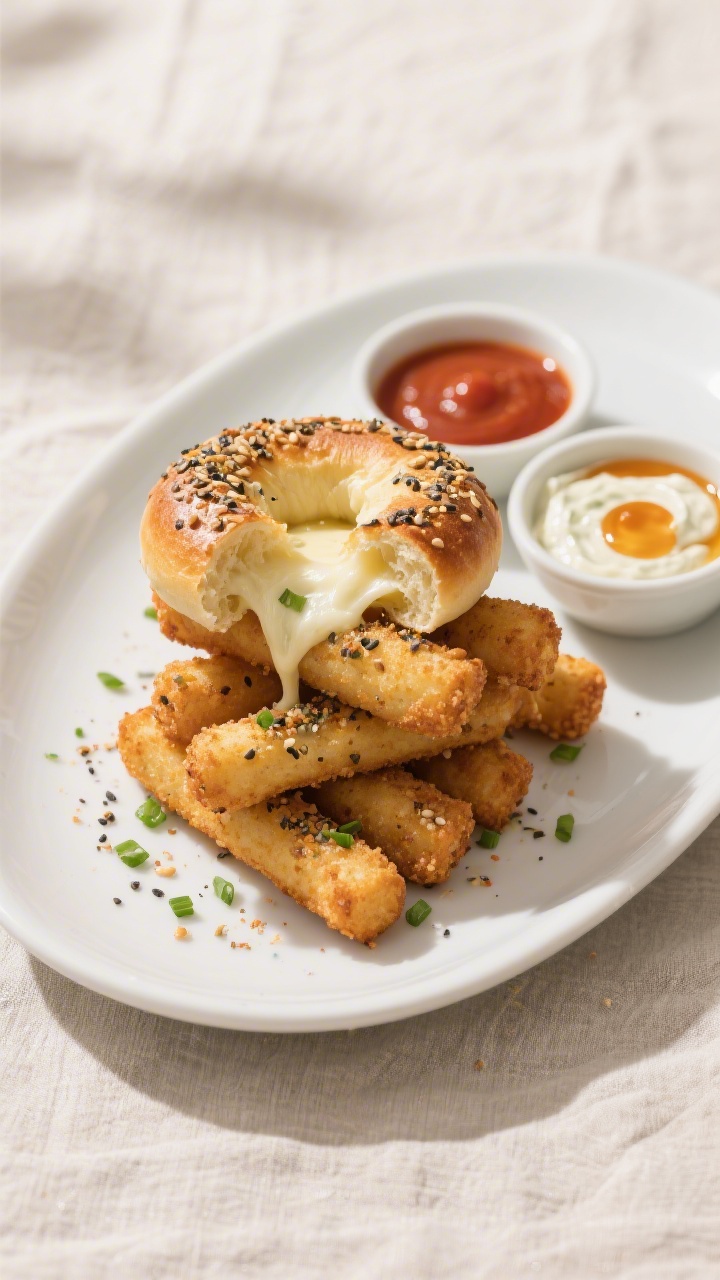 Final dish presentation: Restaurant-quality plated Air Fryer Everything Bagel Mozzarella Sticks on a