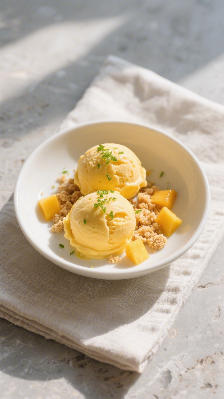 Final dish presentation: Restaurant-quality plated scoops of mango ice cream (two generous, round sc