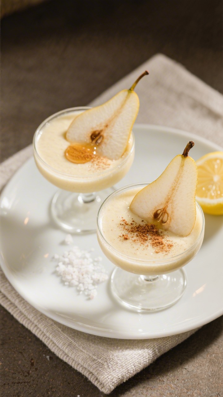 Final dish presentation: Restaurant-quality plated scene with two pear ginger smoothies served in st