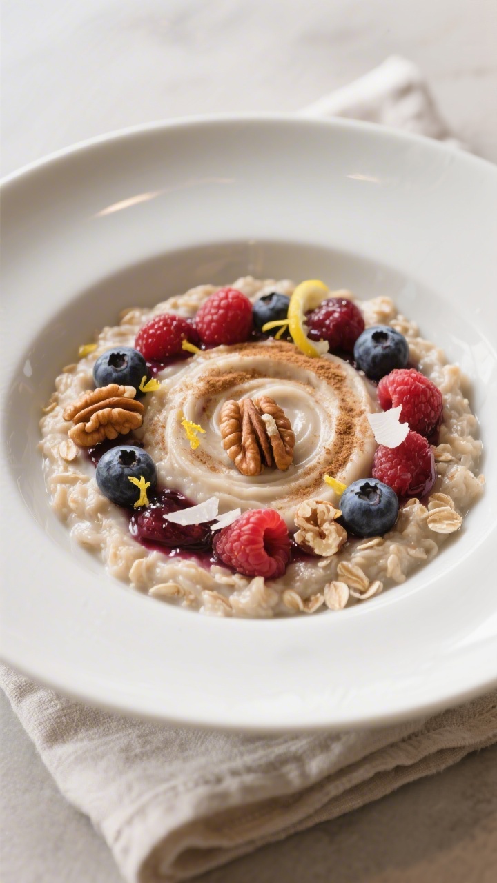 Final dish presentation: Restaurant-quality plated Mixed Berry Oatmeal in a wide shallow white bowl,