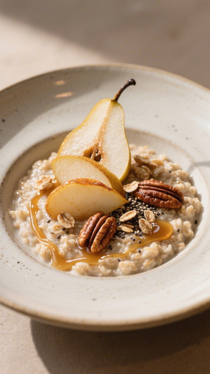 Final dish presentation: Restaurant-quality plated Pear Honey Oatmeal in a wide, shallow ceramic bow