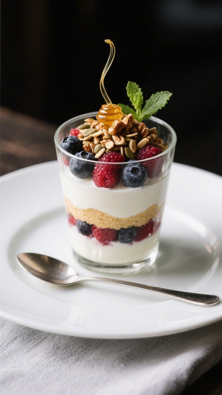 Final dish presentation: Restaurant-quality plated parfait served in a tall, clear dessert glass wit