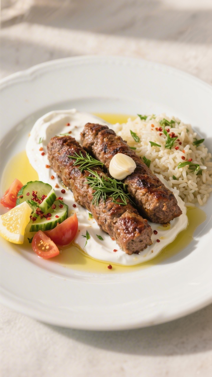 Final dish presentation: Restaurant-quality plated lamb kofta (two logs) on a wide white plate with