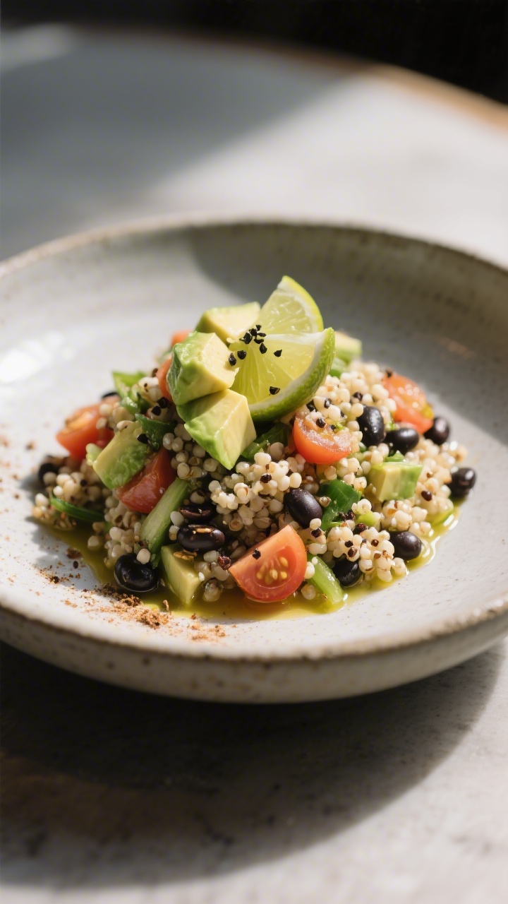 Final dish presentation: Restaurant-quality plated portion of Quinoa Black Bean Salad mounded in a l