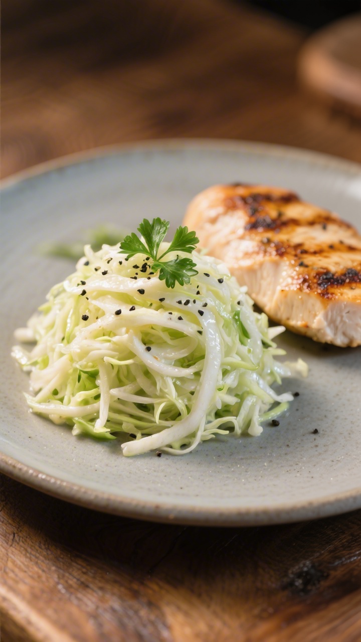 Final dish presentation: Restaurant-quality plated coleslaw as a side, neat mound with defined stran