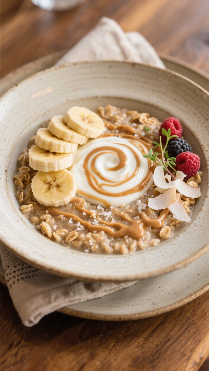 Final dish presentation: Restaurant-quality plated Banana Peanut Butter Oatmeal in a wide, shallow s