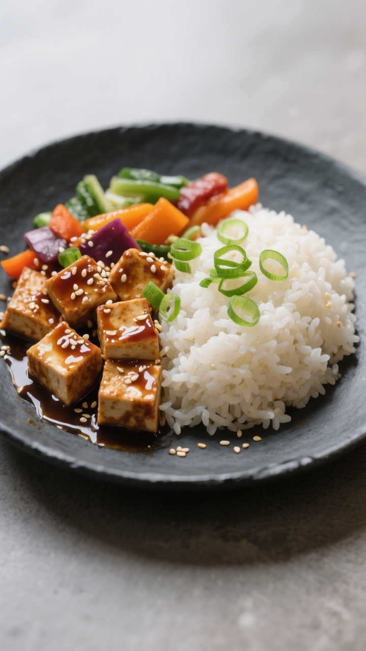Final dish presentation: Restaurant-quality plating of a Quick Teriyaki Tofu and Veggie Rice Bowl—