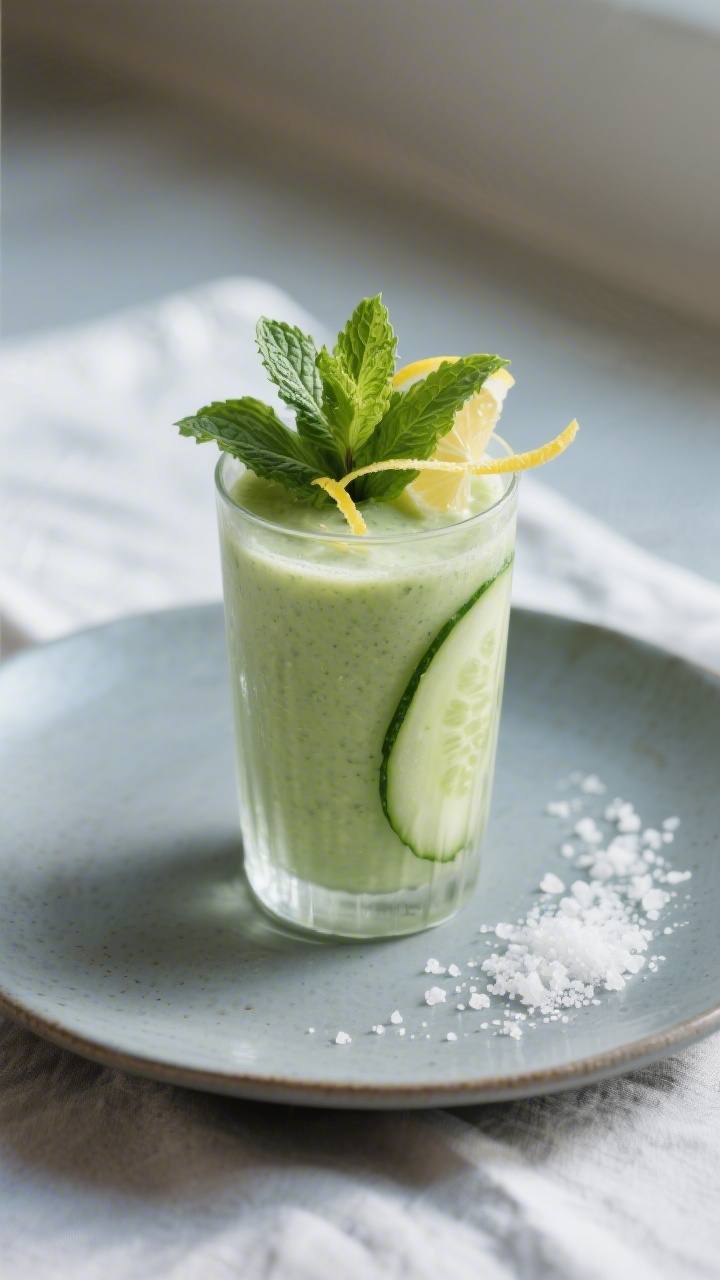 Final dish presentation: Restaurant-quality plating of the finished cucumber mint detox smoothie in