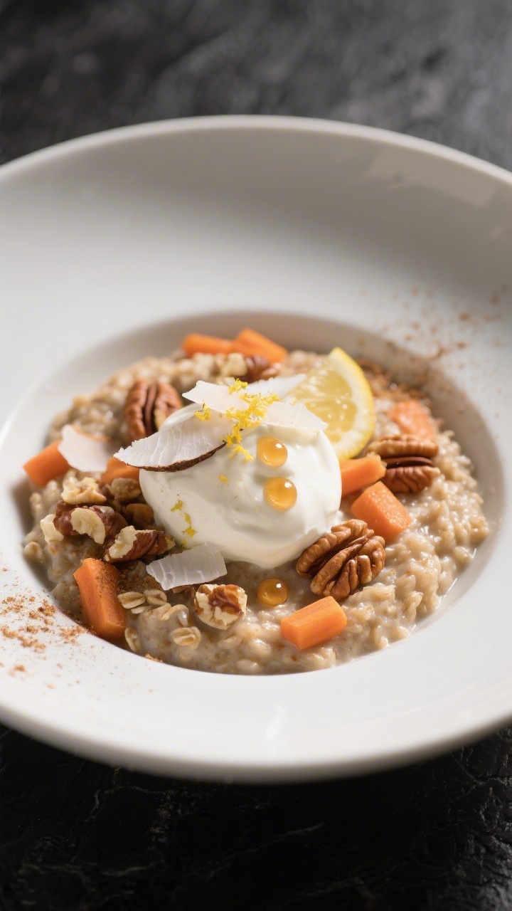 Final dish presentation: Restaurant-quality plating of Carrot Cake Oatmeal in a wide, shallow matte-